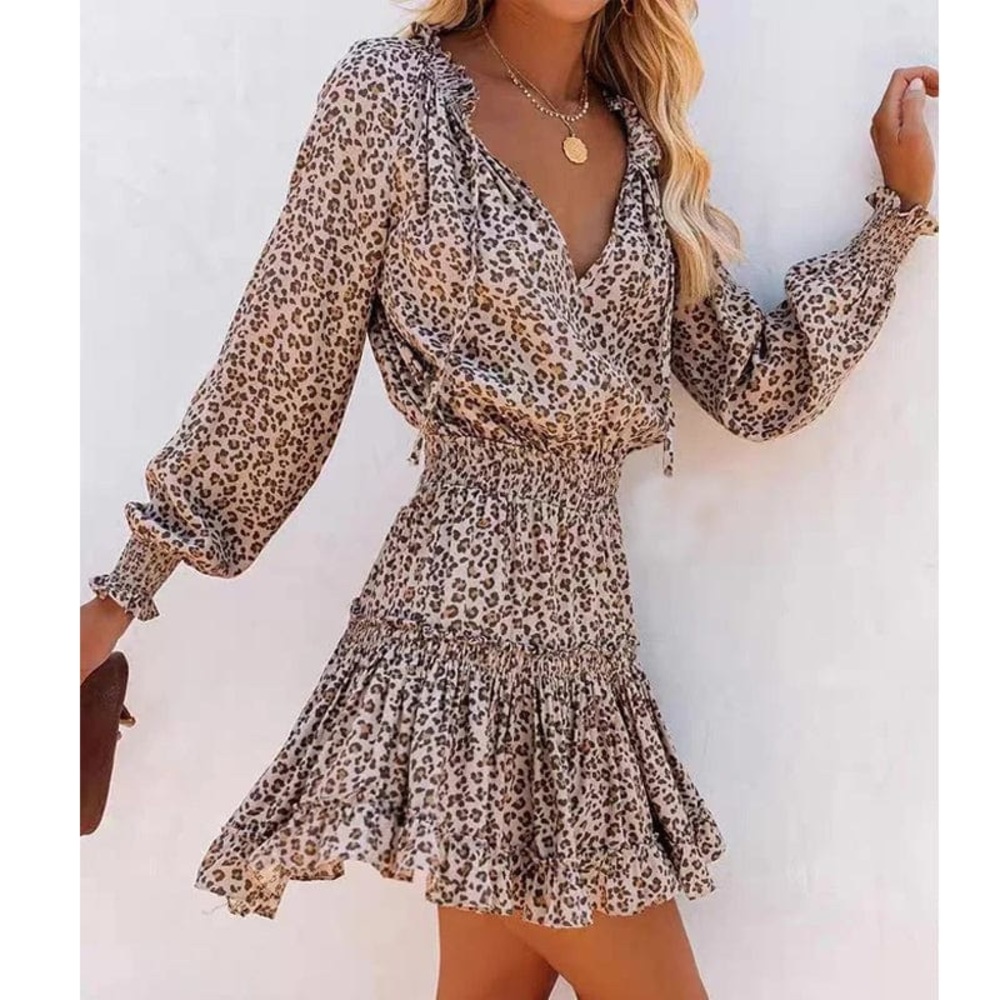 VICI COLORADO LEOPARD SMOCKED RUFFLE DRESS